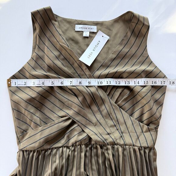 NWT Amour Vert Cambria Pinstripe Pleated Sleeveless Dress in Bronzed Olive Sz S - Picture 15 of 16